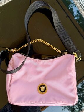 Versace Pink Shoulder Bag with Gold Medusa Medallion and Black Strap